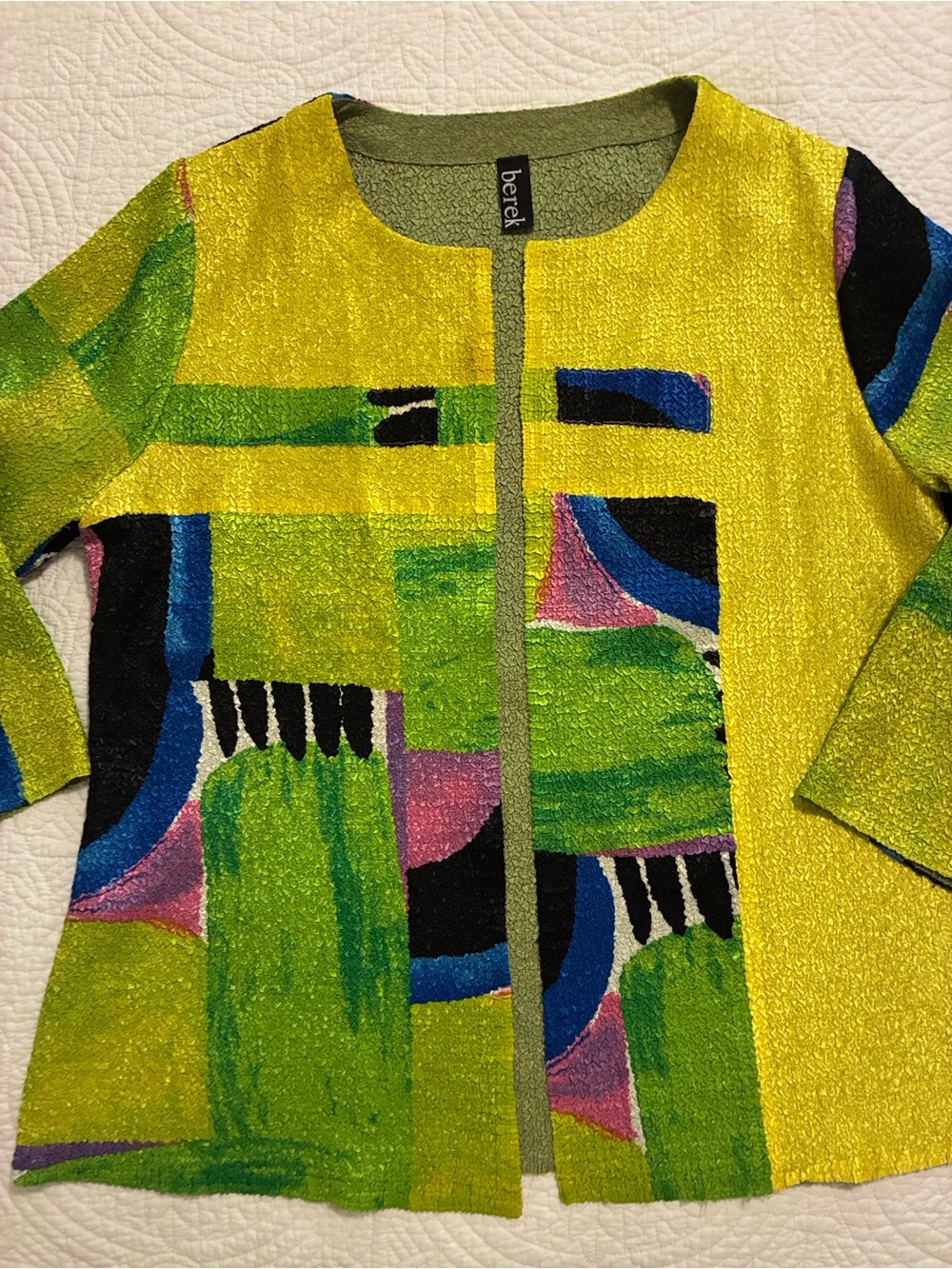 berek Bold Abstract Knit Jacket in Yellow, Green & Blue